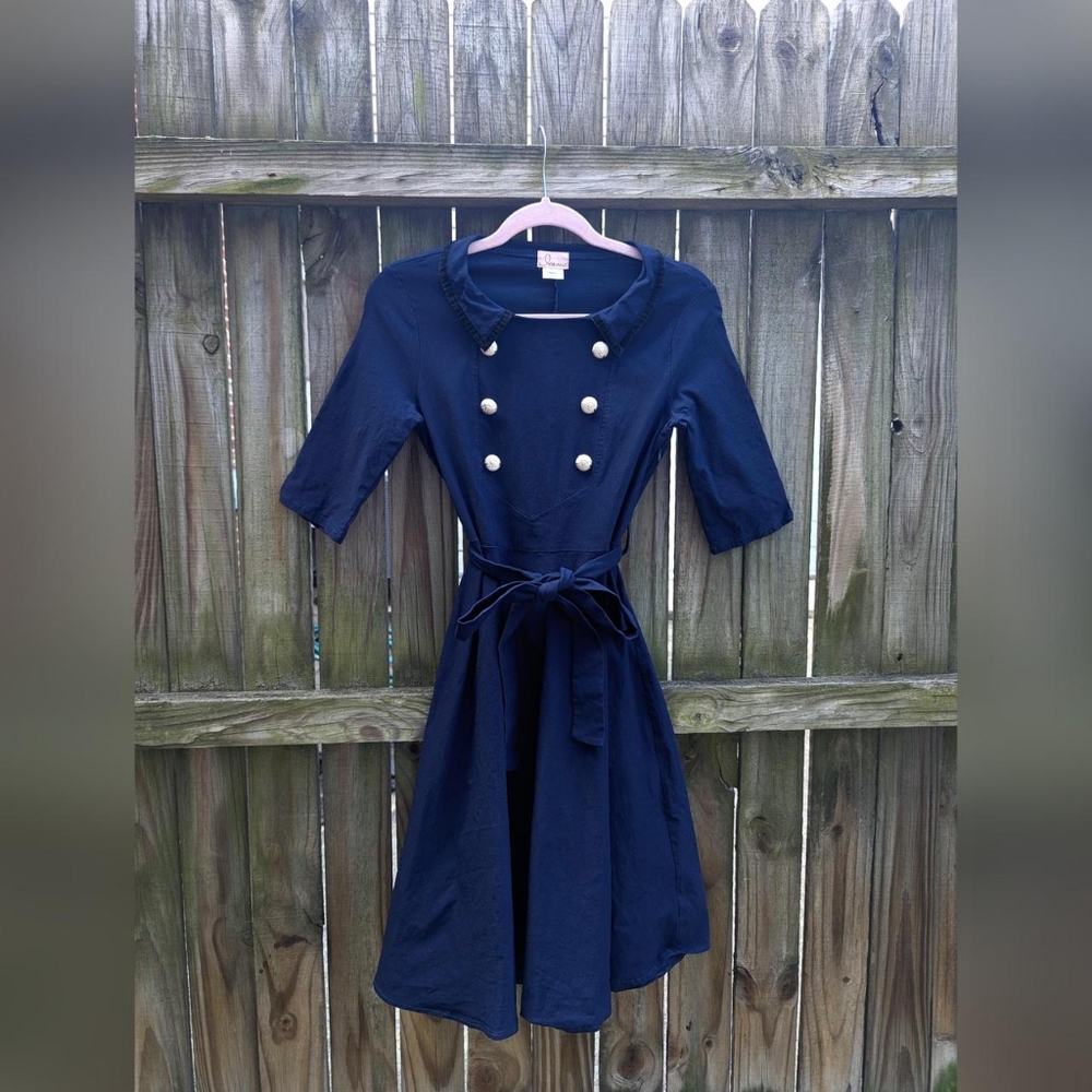 Iconic Navy Blue A-line Sailor Dress with Black Velvet Lined Collar
